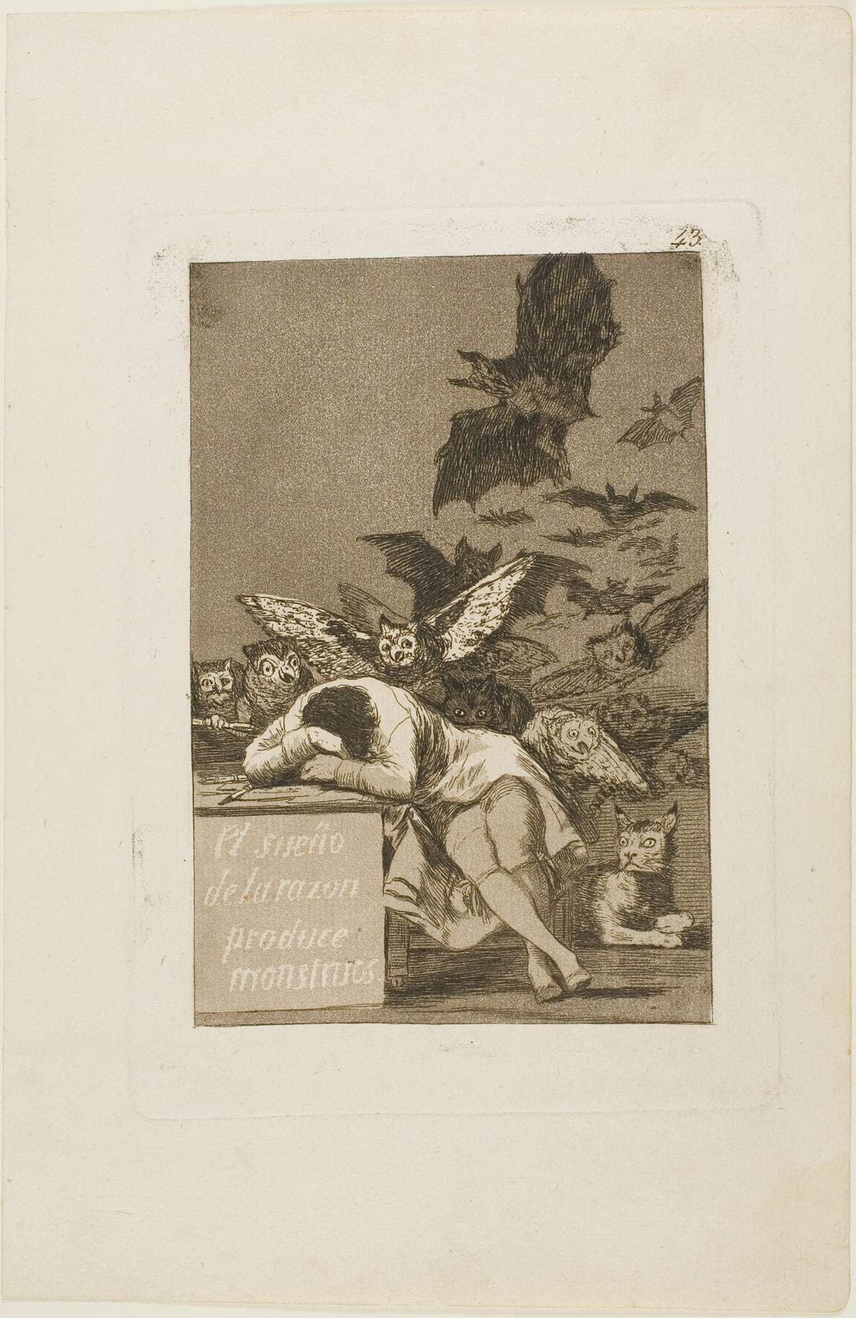Francisco Goya’s The Sleep of Reason Produces Monsters: a man asleep at his desk while owls and bats gather behind him